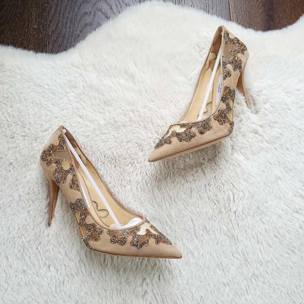 Jimmy Choo Karmel 120 Nude Suede Crystal Wedding Occasion Pointy Toe Mesh Pump - Picture 2 of 16